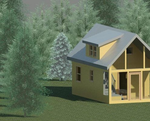 A 3D architectural rendering of a small yellow cabin with a gray metal gabled roof, situated in a clearing surrounded by evergreen trees. The cabin features a dormer window on the left side and a large glass-enclosed porch or sunroom on the front, revealing a glimpse of the interior stairs and living area.