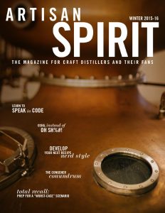 This is the front cover of the Winter 2015-16 issue of Artisan Spirit, a magazine subtitled "The Magazine for Craft Distillers and Their Fans." The background is a warm, close-up photograph of a polished copper pot still, featuring a circular porthole sight glass with a bolted metal rim in the lower right.