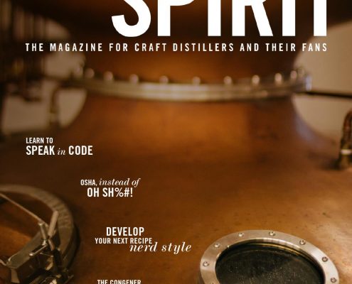 This is the front cover of the Winter 2015-16 issue of Artisan Spirit, a magazine subtitled "The Magazine for Craft Distillers and Their Fans." The background is a warm, close-up photograph of a polished copper pot still, featuring a circular porthole sight glass with a bolted metal rim in the lower right.